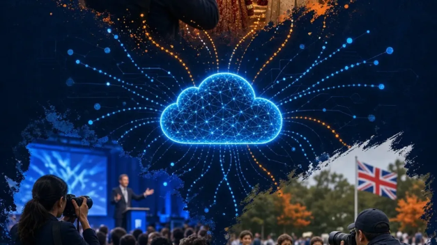 Cloud network connecting photographers at weddings, conferences, and outdoor events to one sharing platform