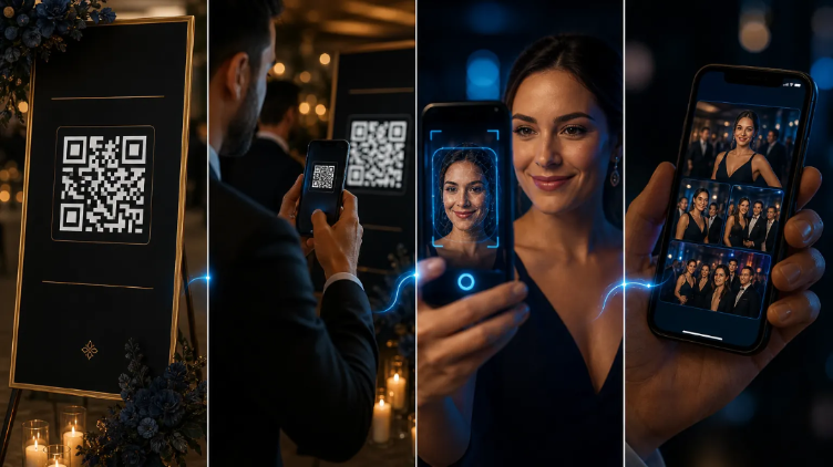 Live event photography with QR-based guest photo access