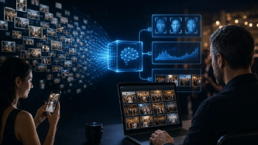 AI processing funnel sorting event photos into face recognition, analytics, and curated guest galleries