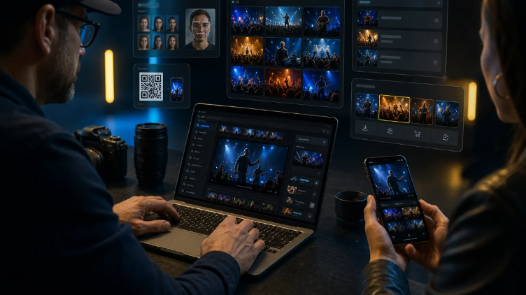 Photographer and guest viewing matched event photos with AI face recognition and QR gallery access