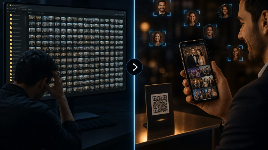 Side-by-side of manual folder scrolling on a desktop versus guest phone gallery with face match and QR code