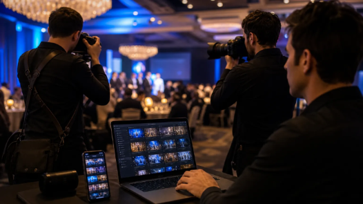Event photo team shooting on stage while another teammate culls and uploads images on a laptop