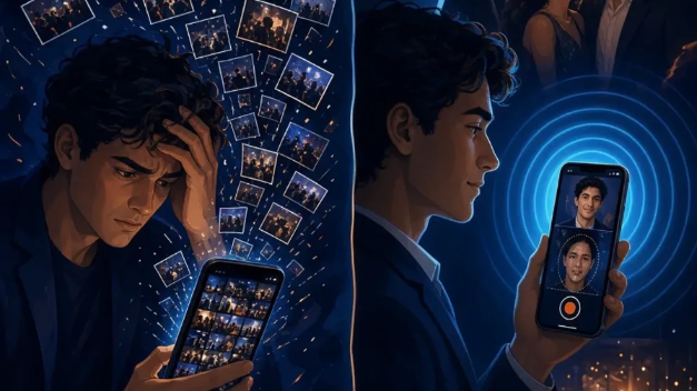 Guest overwhelmed by a dense phone photo grid compared with calm face-match gallery results