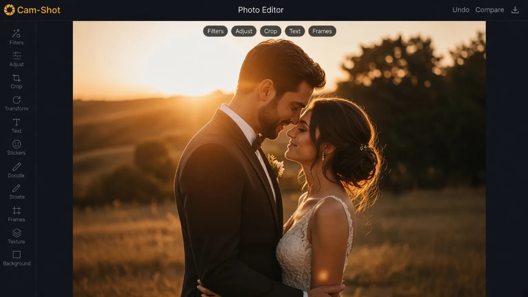 Cam-Shot Studio photo editor with filters, Undo, Compare, and an event photo on canvas