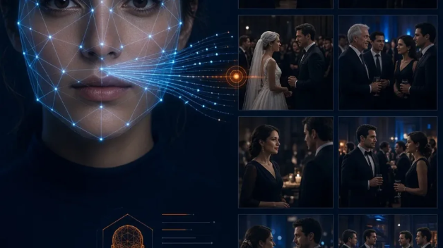 AI face mesh matching a guest selfie to personal photos from a formal event gallery