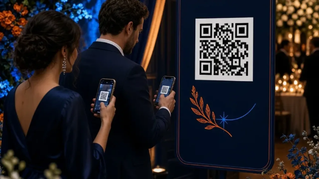 Wedding guests scanning a large QR code stand on phones to open the event photo gallery
